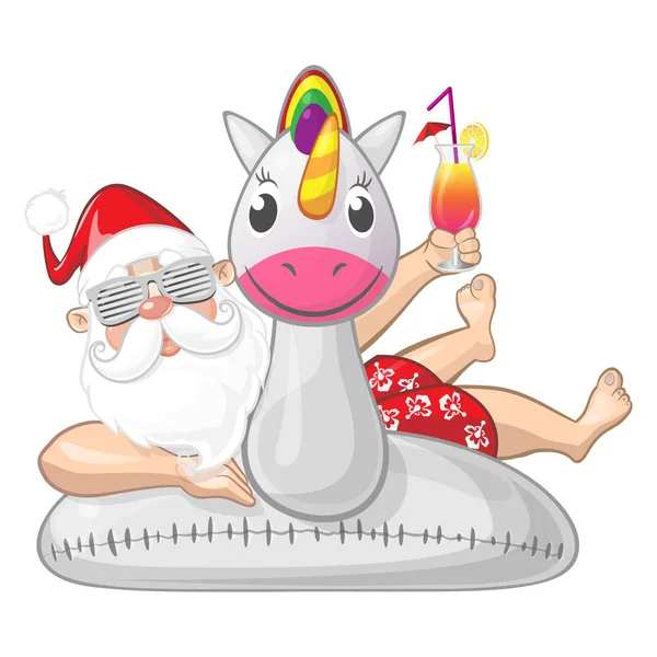 Santa Claus Vacaciones Verano Con Anillo Natación Unicornio Usar Gafas — Archivo Imágenes Vectoriales