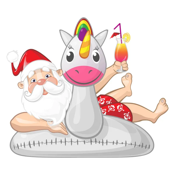Santa Claus Vacaciones Verano Con Anillo Natación Inflable Unicornio Aislado — Vector de stock