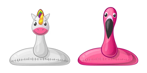 Anneaux Natation Gonflables Licorne Flamingo Style Bande Dessinée Vue Face — Image vectorielle