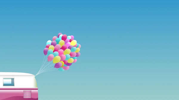 Fond Été Van Rétro Rose Avec Tas Ballons Colorés — Image vectorielle