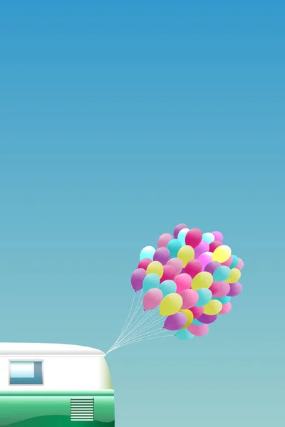 Fond Été Van Rétro Vert Avec Tas Ballons Colorés Rapport — Image vectorielle