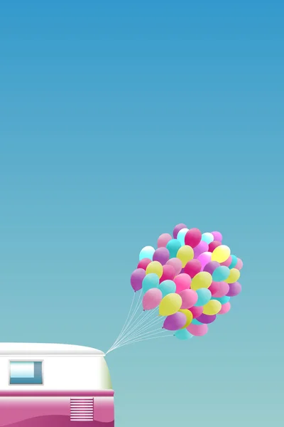 Fond Été Van Rétro Rose Avec Bouquet Ballons Colorés Aspect — Image vectorielle