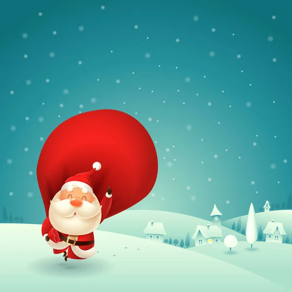 Joyeux Père Noël Arrive Ville Illustration Vectorielle Scène Nuit Hiver — Image vectorielle