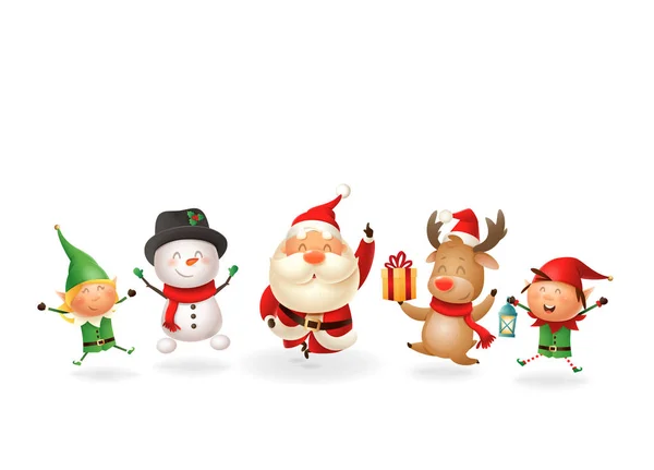Weihnachtsfreunde Elfen Weihnachtsmann Und Rentiere Feiern Feiertage Springen Singend Tanzend — Stockvektor