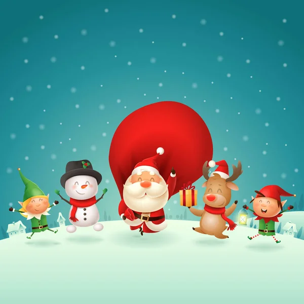 圣诞之友精灵圣诞老人雪人和驯鹿庆祝节日 在冬夜的场景中跳着歌舞 病媒图解 — 图库矢量图片