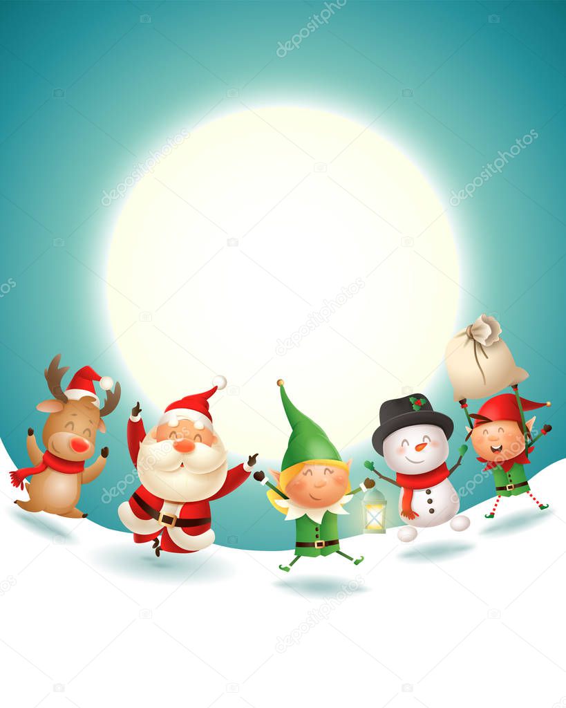 Santa Claus and friends celebrate Christmas holidays - winter landscape at moonlight - vector illustration