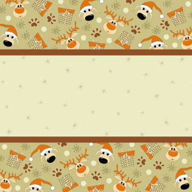 Noel Baba şapkalı, geyikli, kutulu, kar taneli, patili ve mesajınız için mekânlı bir tebrik kartı..