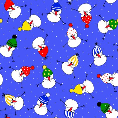 Noel ve Yeni Yıl arkaplanlarında parlak şapkalar takmış eğlenceli kardan adamlar