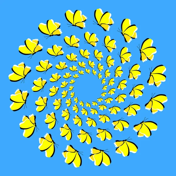 Bright Background Optical Illusion Rotation Executed Flying Butterflies — Stock Vector