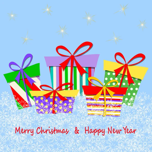 Bright Background Gift Boxes Snow Wishes Merry Christmas Happy New — Stock Vector