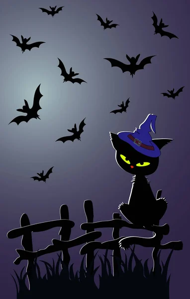 Halloween Banner Egy Csinos Fekete Cica Aki Kerítés Holdfényben Éjszaka — Stock Vector