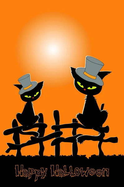 Banner Halloween Con Dos Gatitos Negros Que Sientan Una Valla — Vector de stock