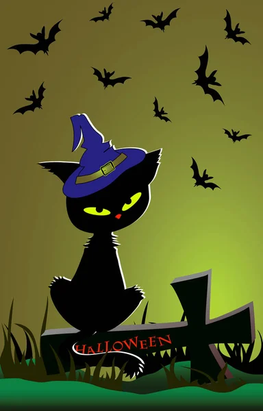 ハロウィンのバナーは 月明かりの夜に墓石の十字架に座っているかなり黒い子猫と — ストックベクタ