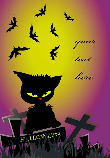 Halloween Banner Bats Black Cat Gravestone Crosses Moon Place Text — Stock Vector