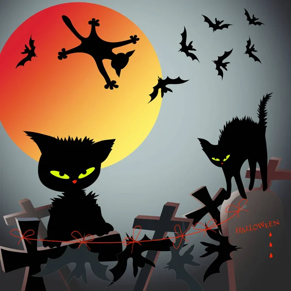 Halloween Banner Fekete Macskák Vadásznak Denevérek Éjjel Régi Dobott Temetőben — Stock Vector