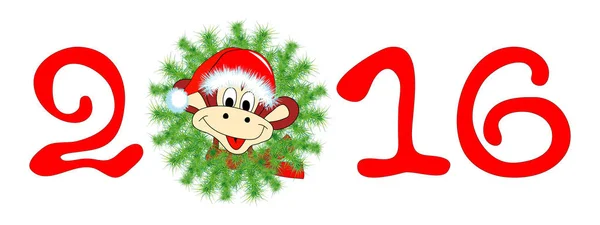 Christmas New Year Card Original Figures Wreath Amusing Monkey Symbol — Stock Vector