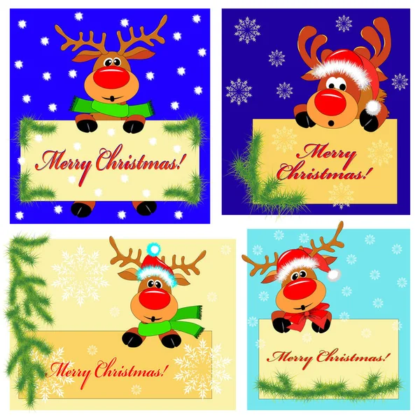 Set Christmas New Years Banners Cheerful Deers — Stock Vector