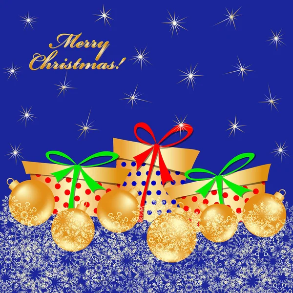 Bright Background Gold Gift Boxes Spheres Snow Wish Merry Christmas — Stock Vector