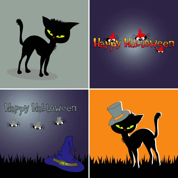 Ensemble Quatre Bannières Halloween Avec Joli Chat Noir Chapeaux Araignées — Image vectorielle