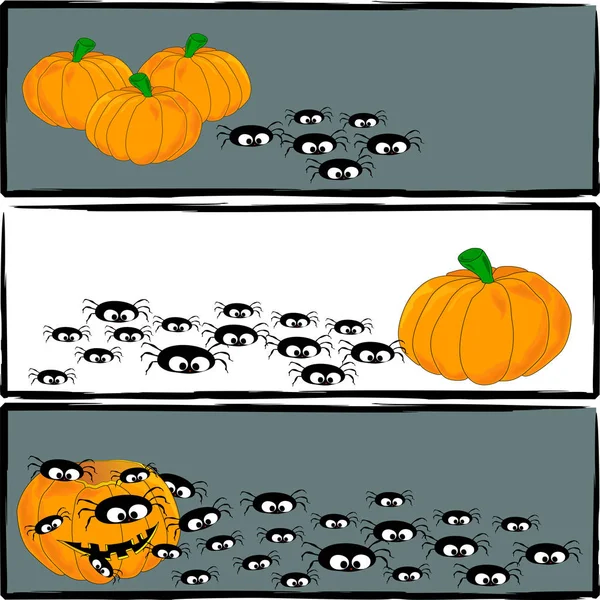 Sada Horizontální Halloween Bannerů Dýní Pavouci — Stockový vektor