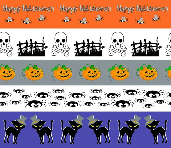 Set Naadloze Horizontale Halloween Randen Met Zwarte Katten Pompoenen Spinnen — Stockvector