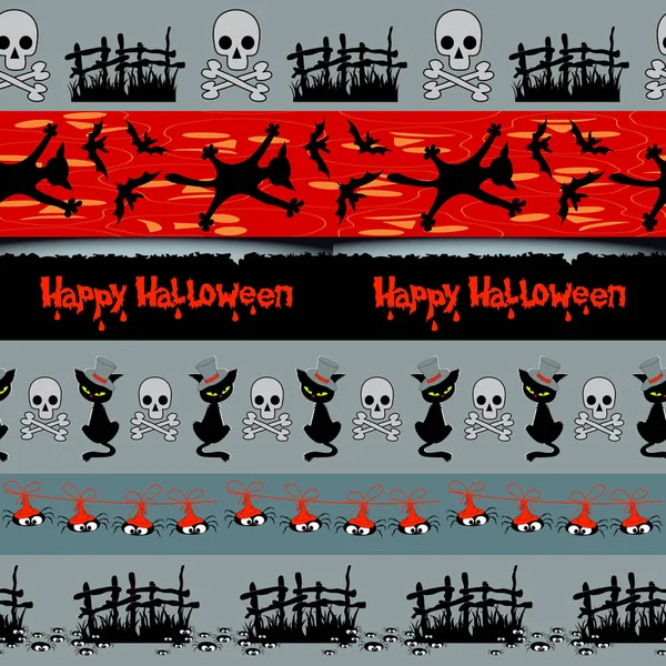 Set Naadloze Horizontale Halloween Randen Met Zwarte Katten Vleermuizen Schedels — Stockvector