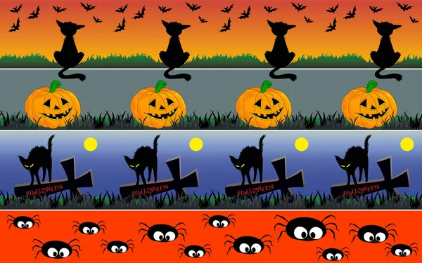 Set Horizontal Halloween Borders Black Cats Bats Pumpkins Sepulchral Crosses — Stock Vector