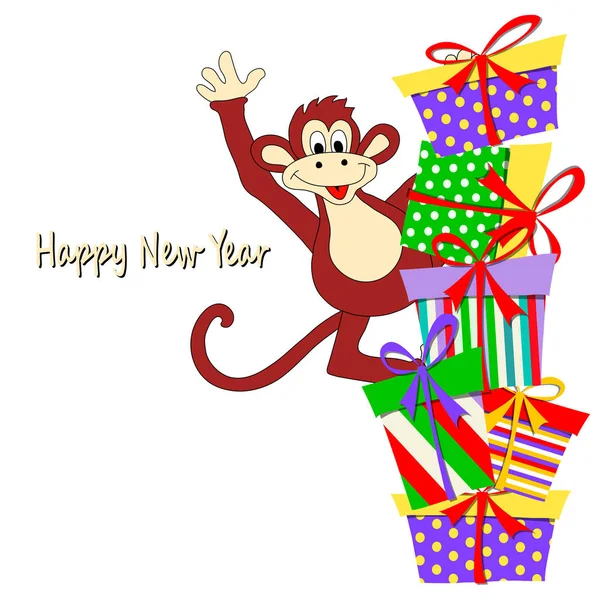 New Year Card Amusing Monkey Bright Boxes Place Congratulatory Text — Stock Vector