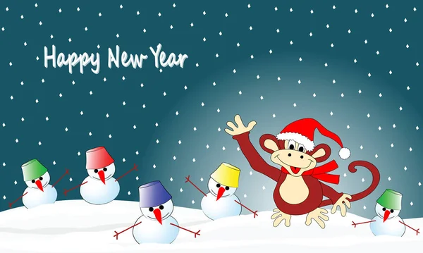 Christmas New Year Card Amusing Monkey Original Figures Place Congratulatory — Stock Vector