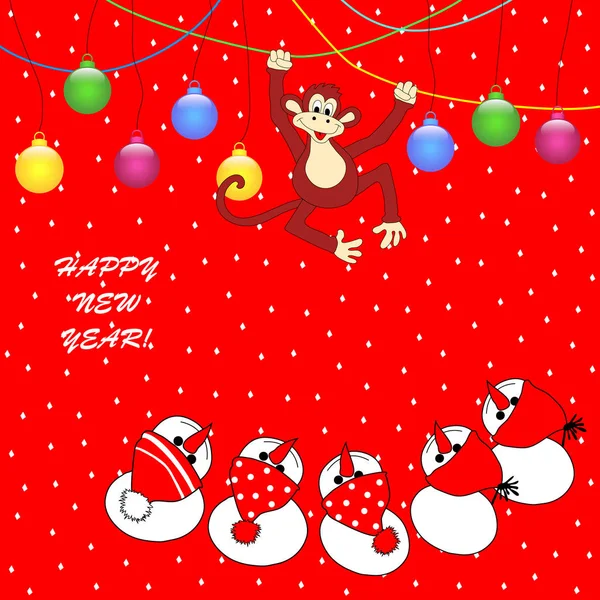 New Years Card Amusing Monkey Snowmen Christmas Balls Congratulatory Text — Stock Vector