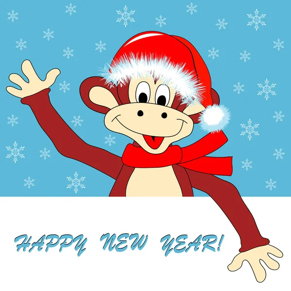 New Year Card Amusing Monkey Snowflakes Congratulatory Text — Stock Vector