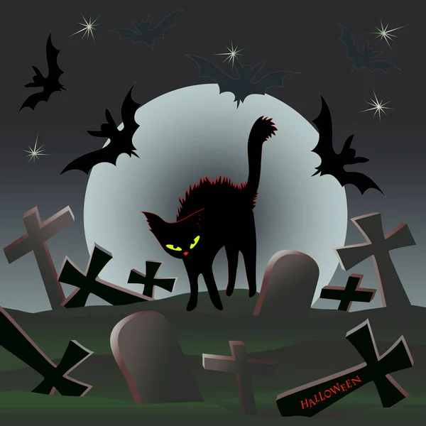 Halloween Black Cat Walks Moonlight Hills Old Thrown Cemetery — Stock Vector