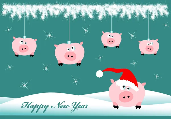 New Year Greeting Card Amusing Pigs Fir Branch — Stock Vector