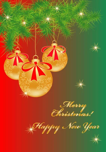 New Years Christmas Card Pine Branch Gold Christmas Balls Congratulatory — Stock Vector