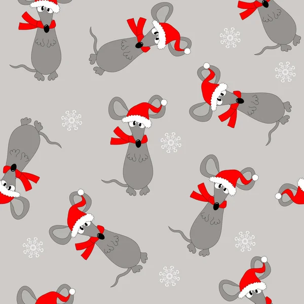 New Year Seamless Pattern Funny Rats Santa Hat Snowflakes — Stock Vector