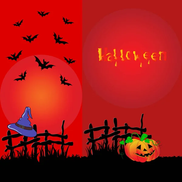 Set Halloween Banners Red Colors Backgrounds Pumpkin Hat Witch Bats — Stock Vector