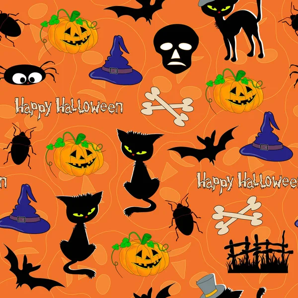 Seamless Pattern Black Cats Pumpkins Spiders Orange Background — Stock Vector