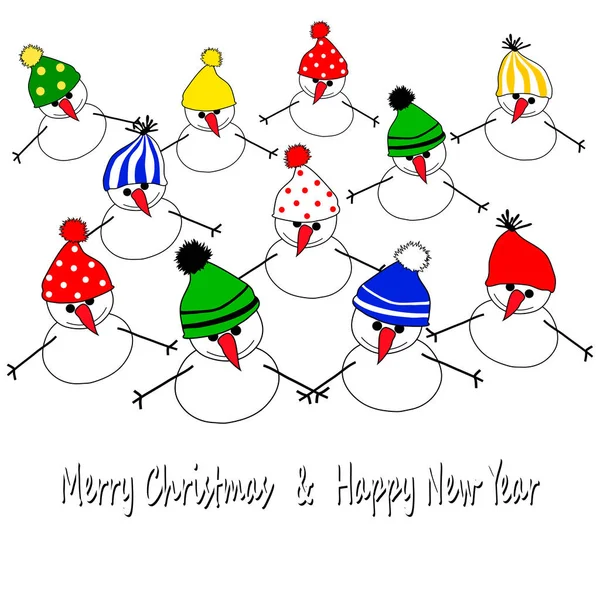 Christmas New Years Card Amusing Snowmen Dressed Bright Caps Text — Stock Vector