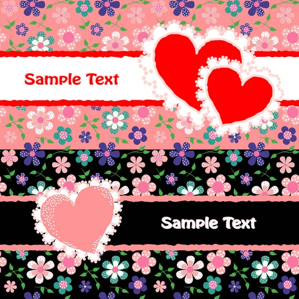 Set Two Happy Valentine Day Cards Pretty Flowers Hearts — ストックベクタ