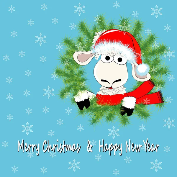 Christmas New Year Card Amusing White Sheep Wreath Chinese Astrological — Stock Vector