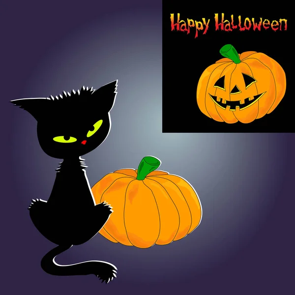 Halloween Poster Banner Background Pretty Black Kitty Two Variants Pumpkin — Stock Vector