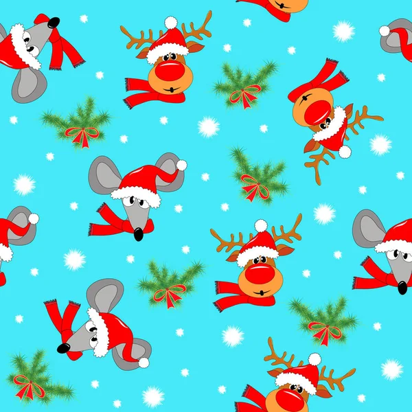 Christmas New Years Blue Seamless Background Funny Deer Rats Dressed — 스톡 벡터