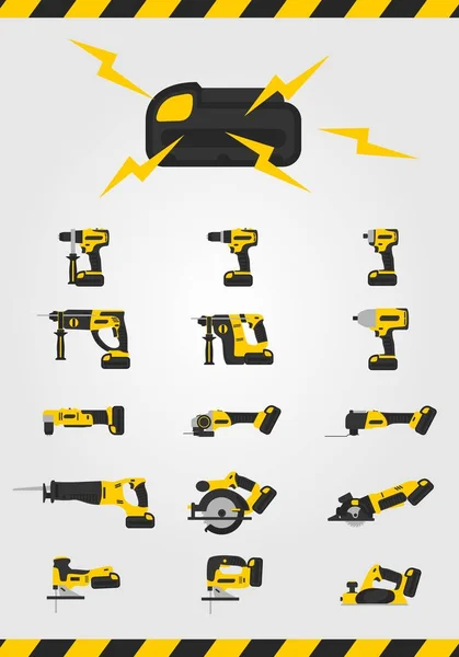 Herramientas eléctricas inalámbricas con batería sobre fondo blanco — Vector de stock