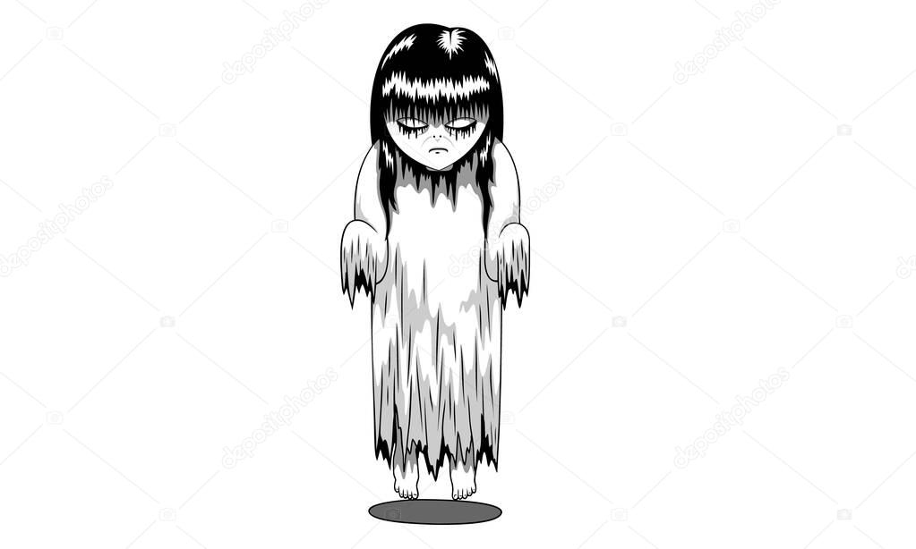 Scary girl ghost wearing white dress