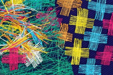 Soyut çok renkli güzel arka plan, pamuk kaba kumaş parçalarından yapılmış.