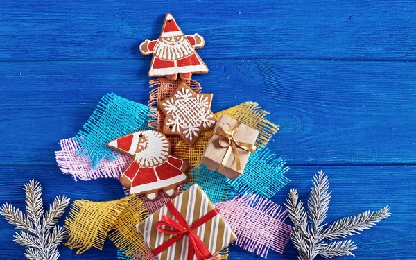 Gifts Decorations Fir Branches Blue Wooden Background — Stock Photo, Image