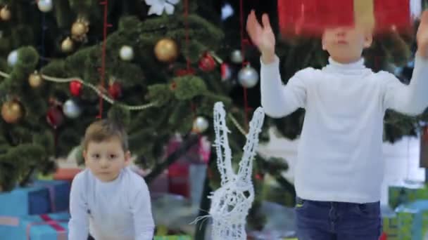 Gelukkige jongens Toon New Years geschenken. Kinderen die permanent onder kerstboom — Stockvideo