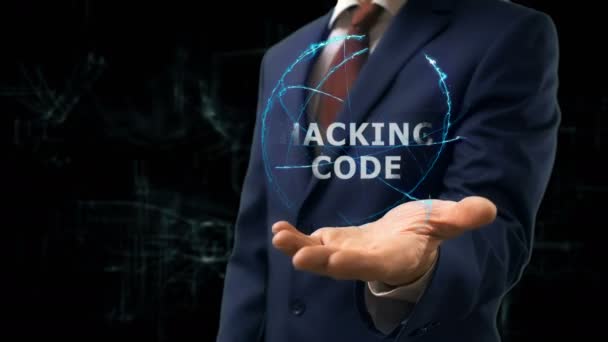 Podnikatel ukazuje koncept hologram Hacking kód na ruce — Stock video