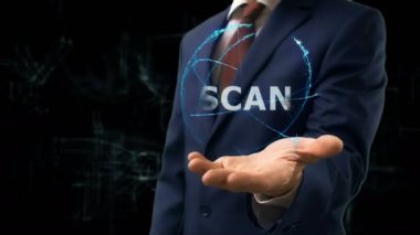 İşadamı kavramı hologram tarama elini üzerinde gösterir.