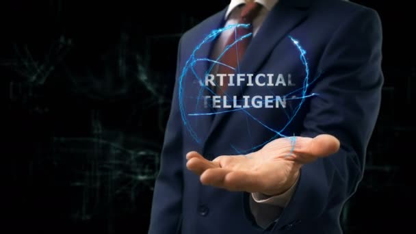 Businessman shows concept hologram Artificial Intelligence on his hand — Stock Video